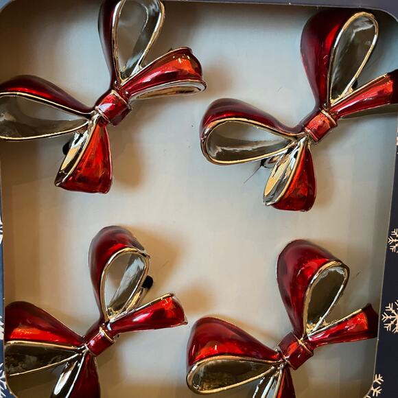 Christmas RED BOW Napkin Rings Set of 4 Silver Holiday Glam Cherish the Season - Picture 5 of 7